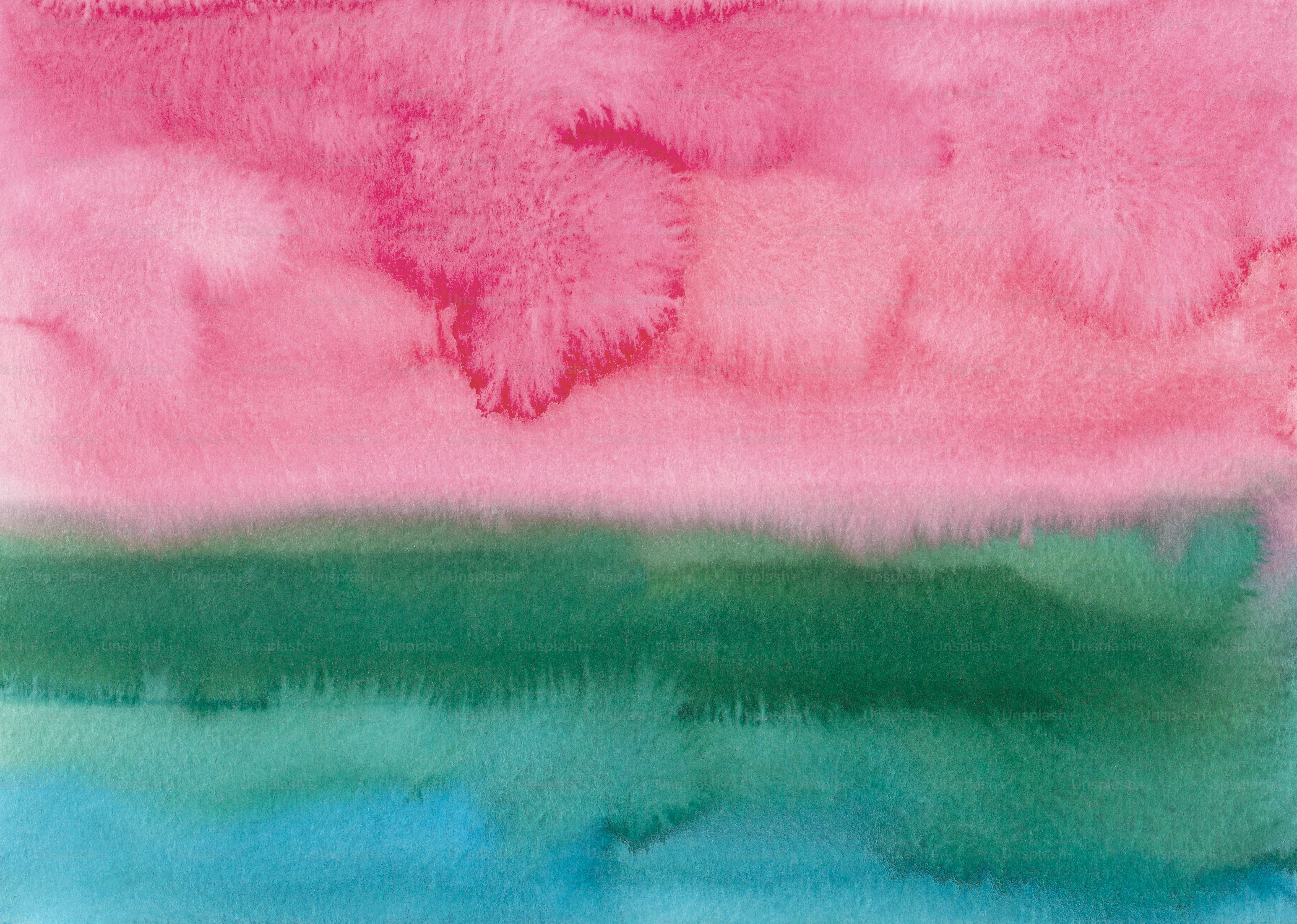 Una pintura de un cielo rosa, verde y azul