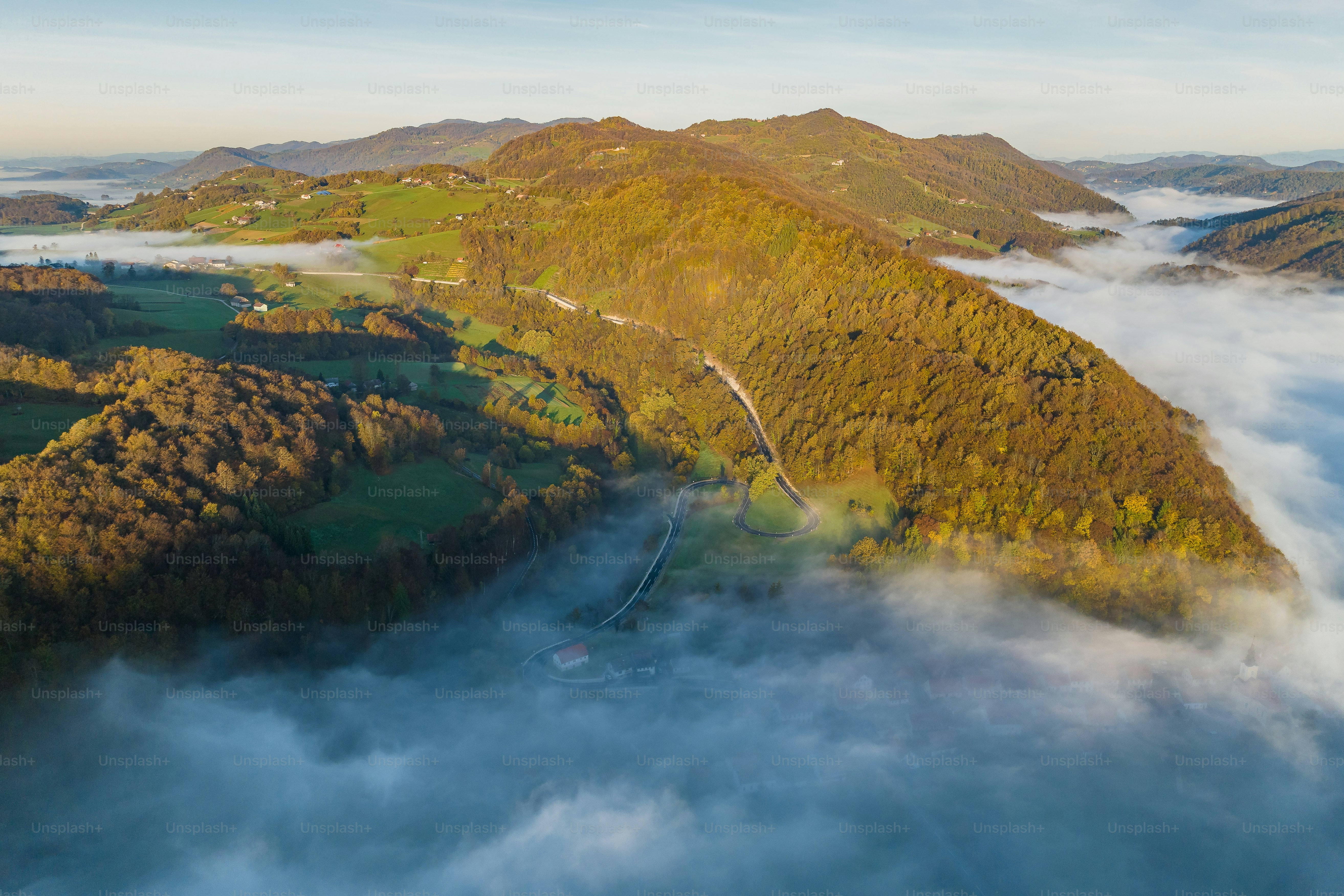 una veduta aerea di una valle circondata da alberi