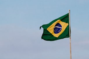 uma bandeira verde e amarela voando ao vento