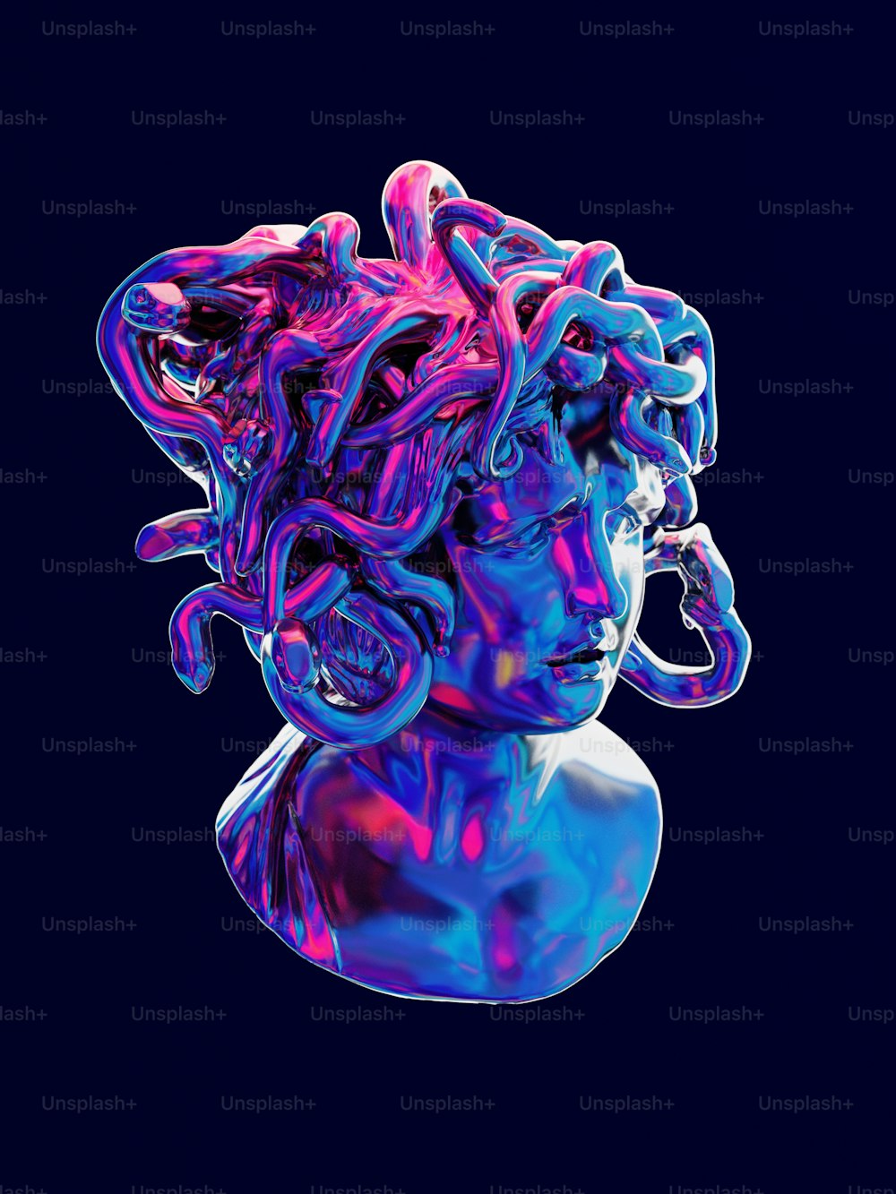 eine blau-rosafarbene Skulptur des Kopfes einer Frau