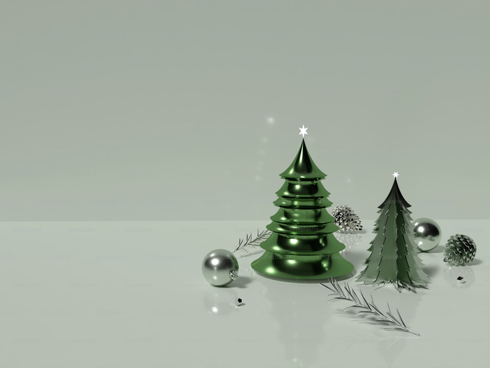 Uma árvore de Natal verde cercada por bolas de prata