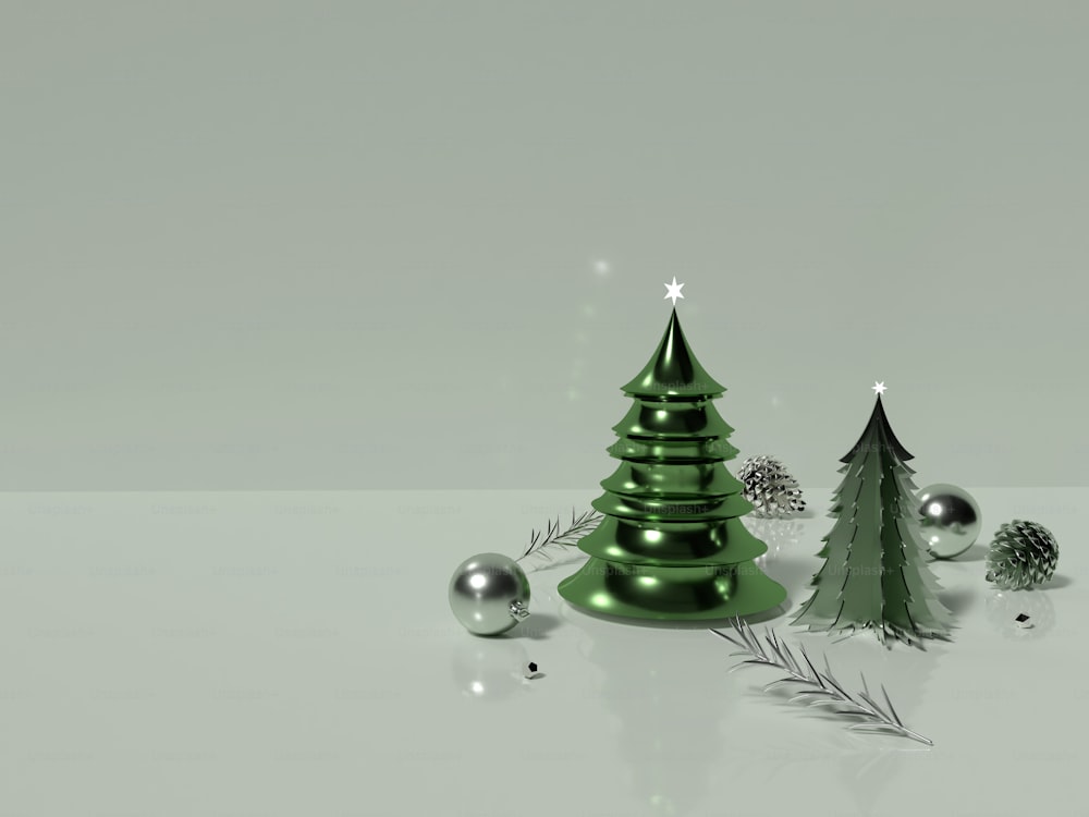 a green christmas tree surrounded by silver balls