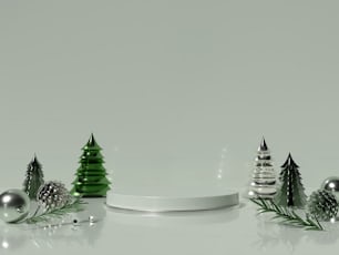 a white table topped with christmas trees and ornaments
