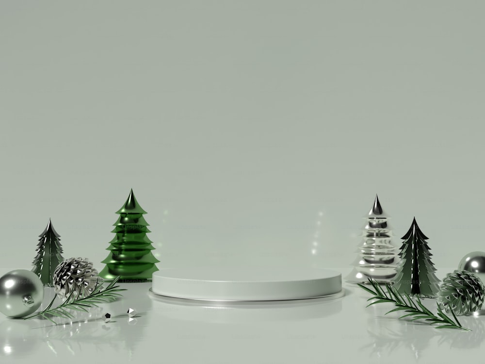 Una mesa blanca coronada con árboles de Navidad y adornos