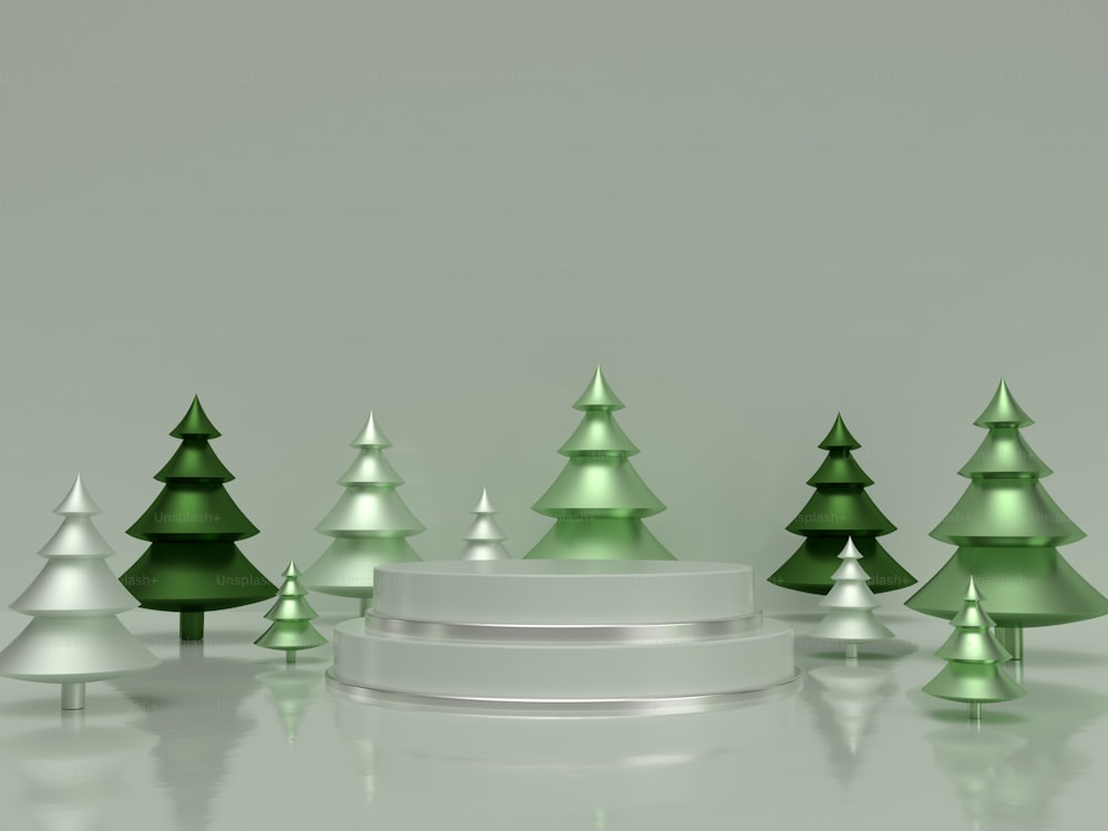 a group of green christmas trees sitting next to each other