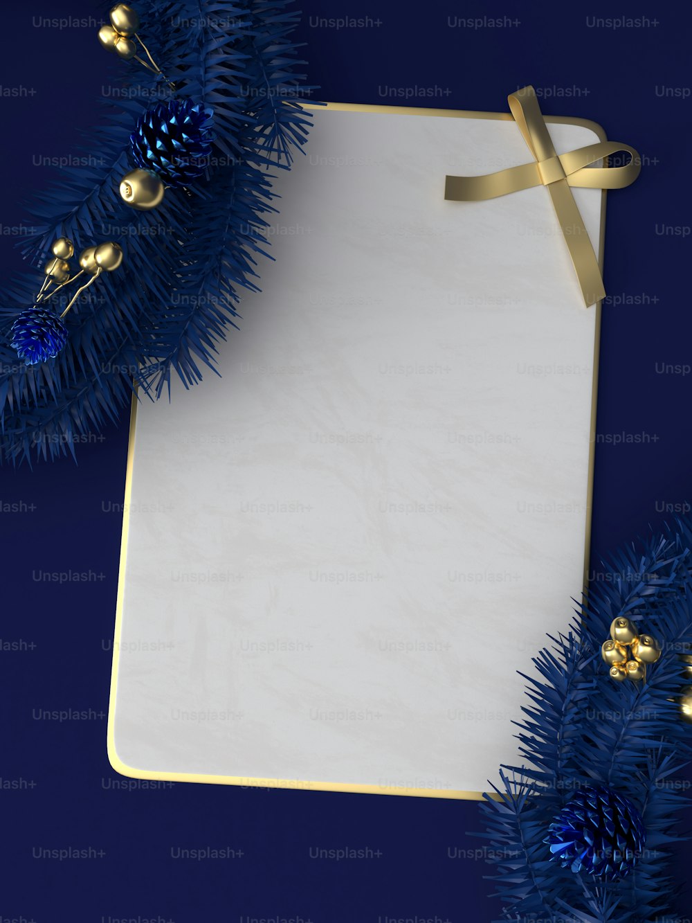 a white sheet of paper with a gold ribbon on a blue background
