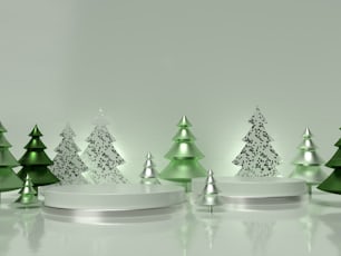 a group of green and silver christmas trees