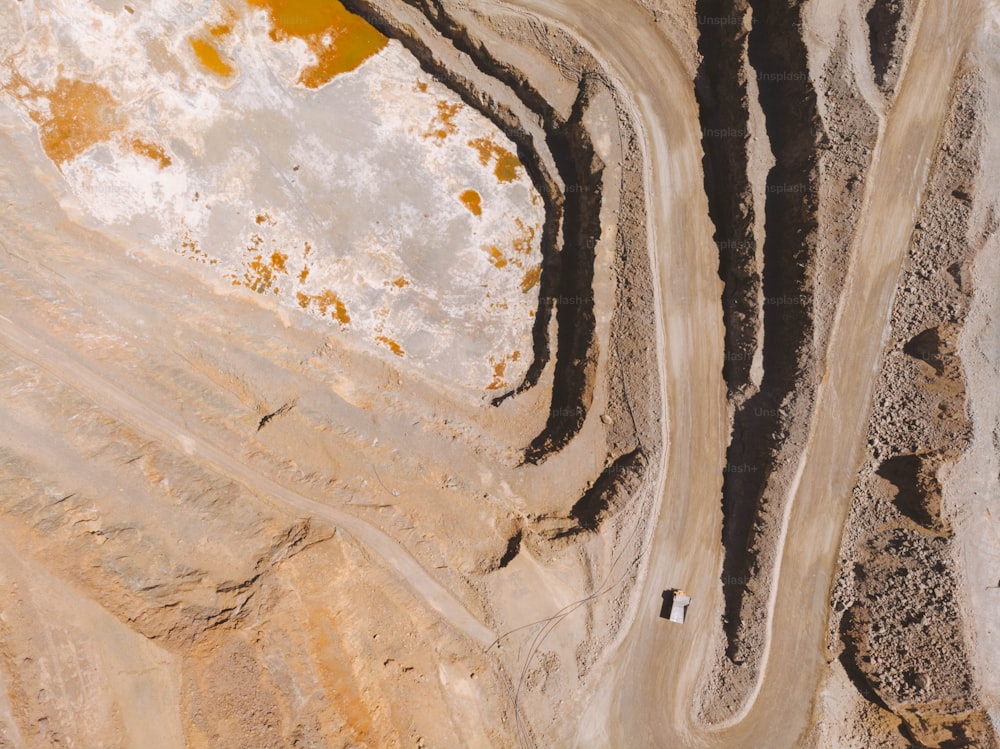 an aerial view of a dirt road in the desert
