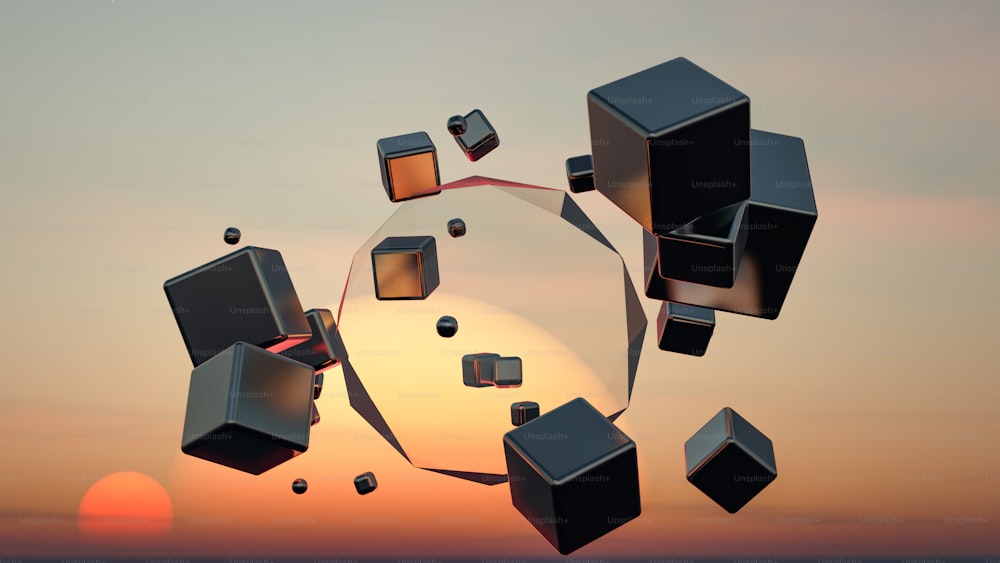 a group of cubes floating in the air