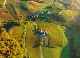 an aerial view of a farm in the countryside