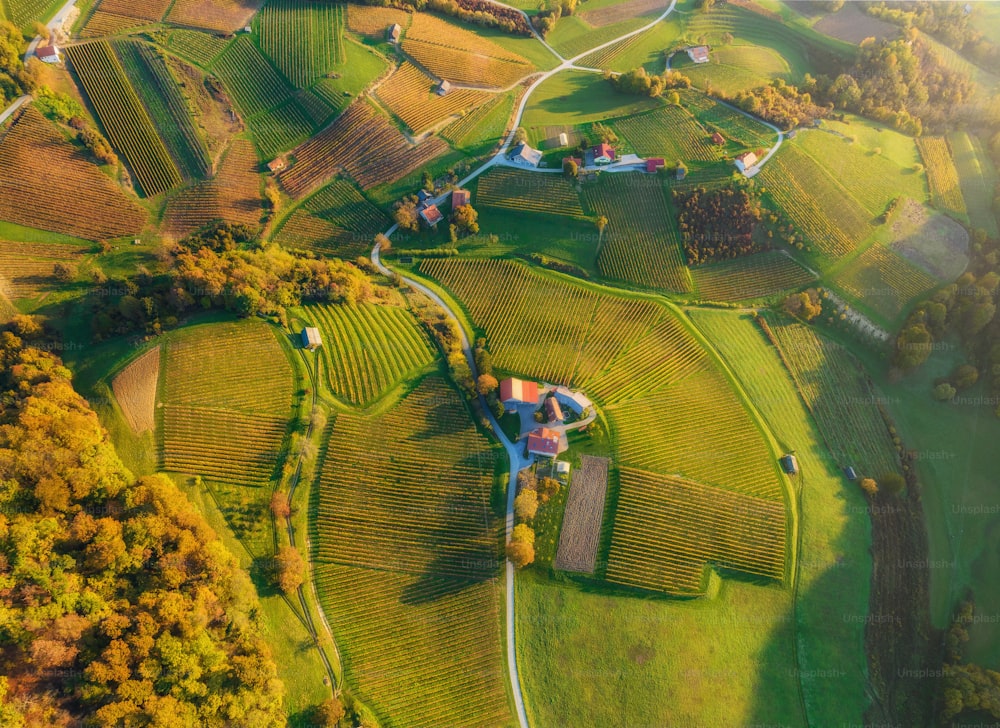 an aerial view of a farm in the countryside