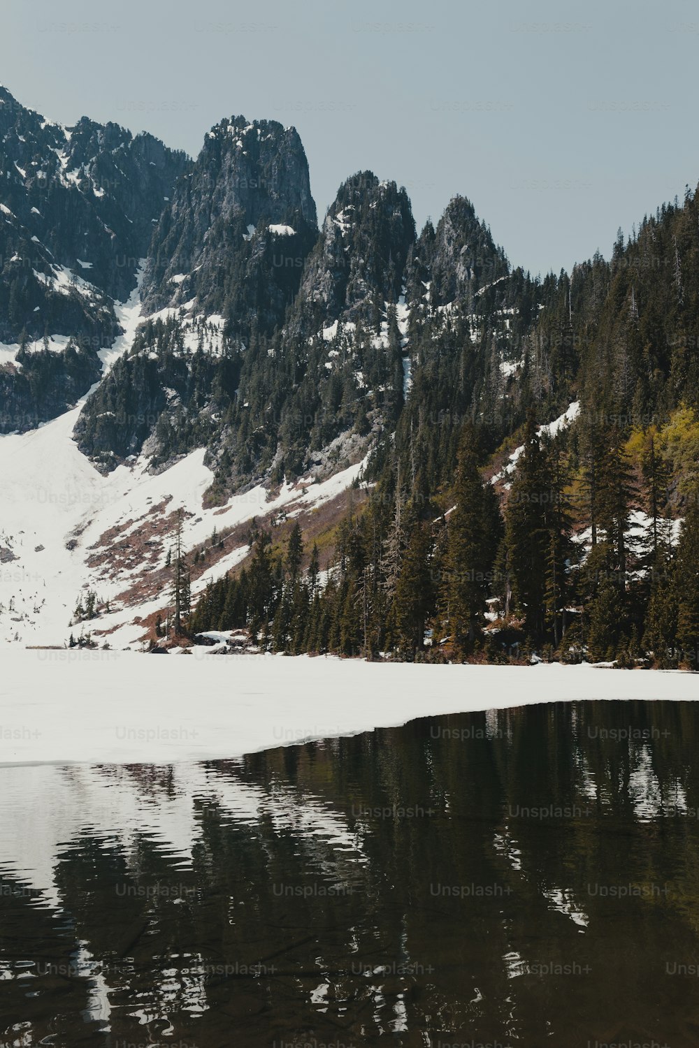 Una montaña nevada con un lago en primer plano