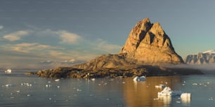 um grupo de icebergs flutuando em um corpo de água