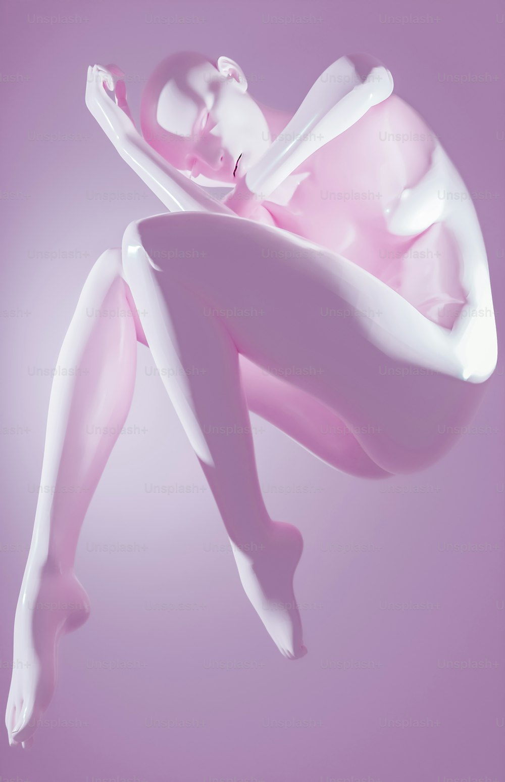 a pink and white photo of a woman floating in the air