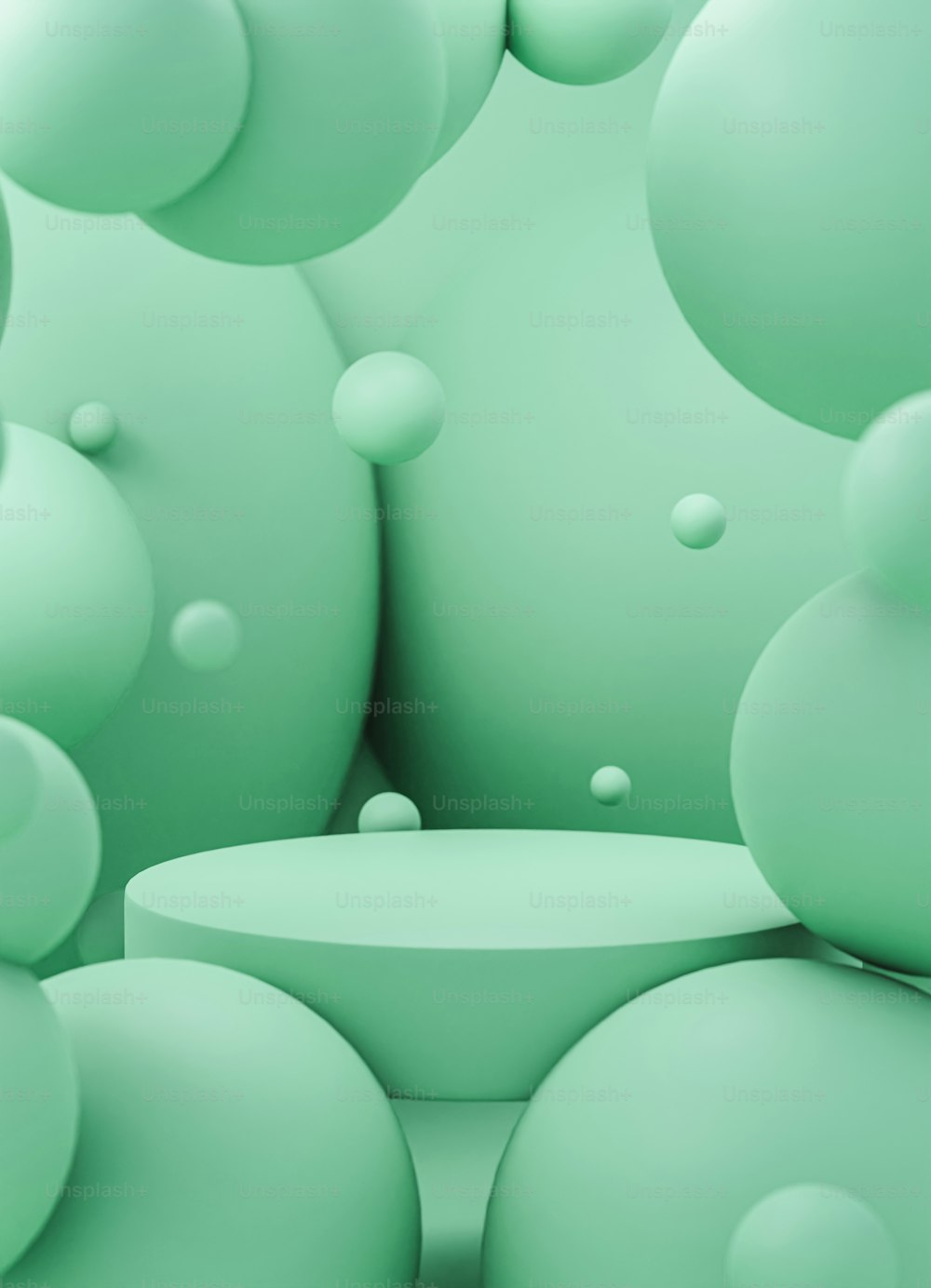 an abstract green background with bubbles and a round table