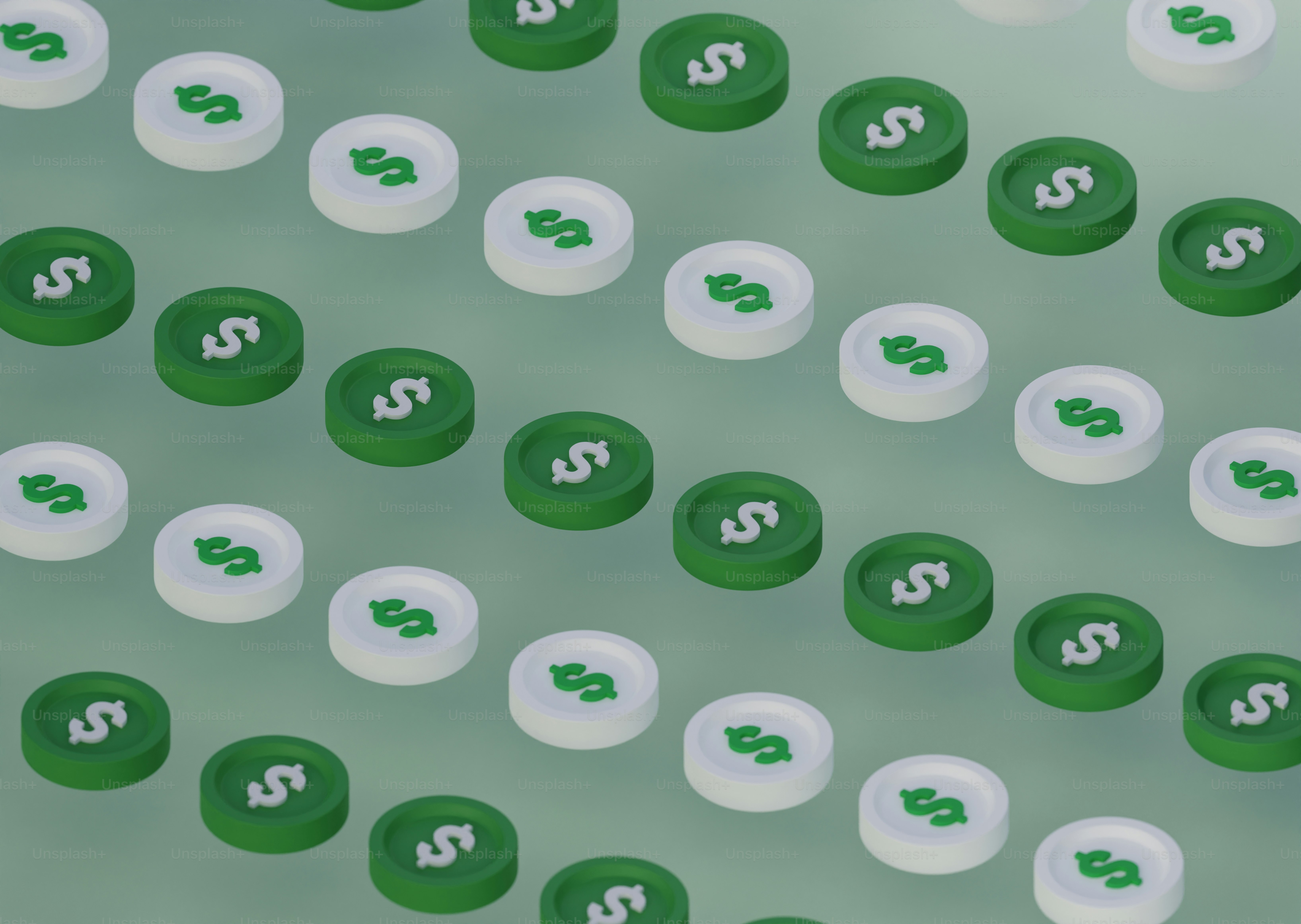 viele grüne und weiße Pillen mit Dollarzeichen darauf