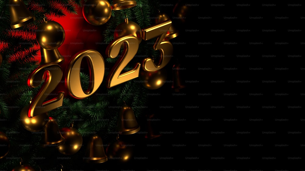 a christmas wreath with gold numbers and bells