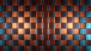 Eine Nahaufnahme einer gekachelten Wand mit orangefarbenen und blauen Quadraten