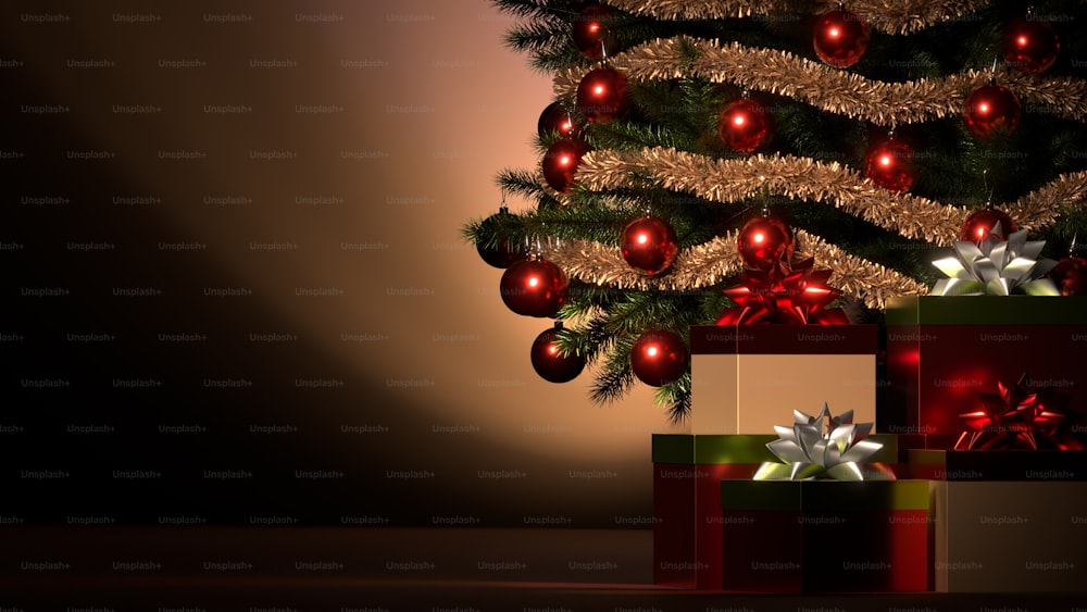 Uma árvore de Natal com presentes embaixo