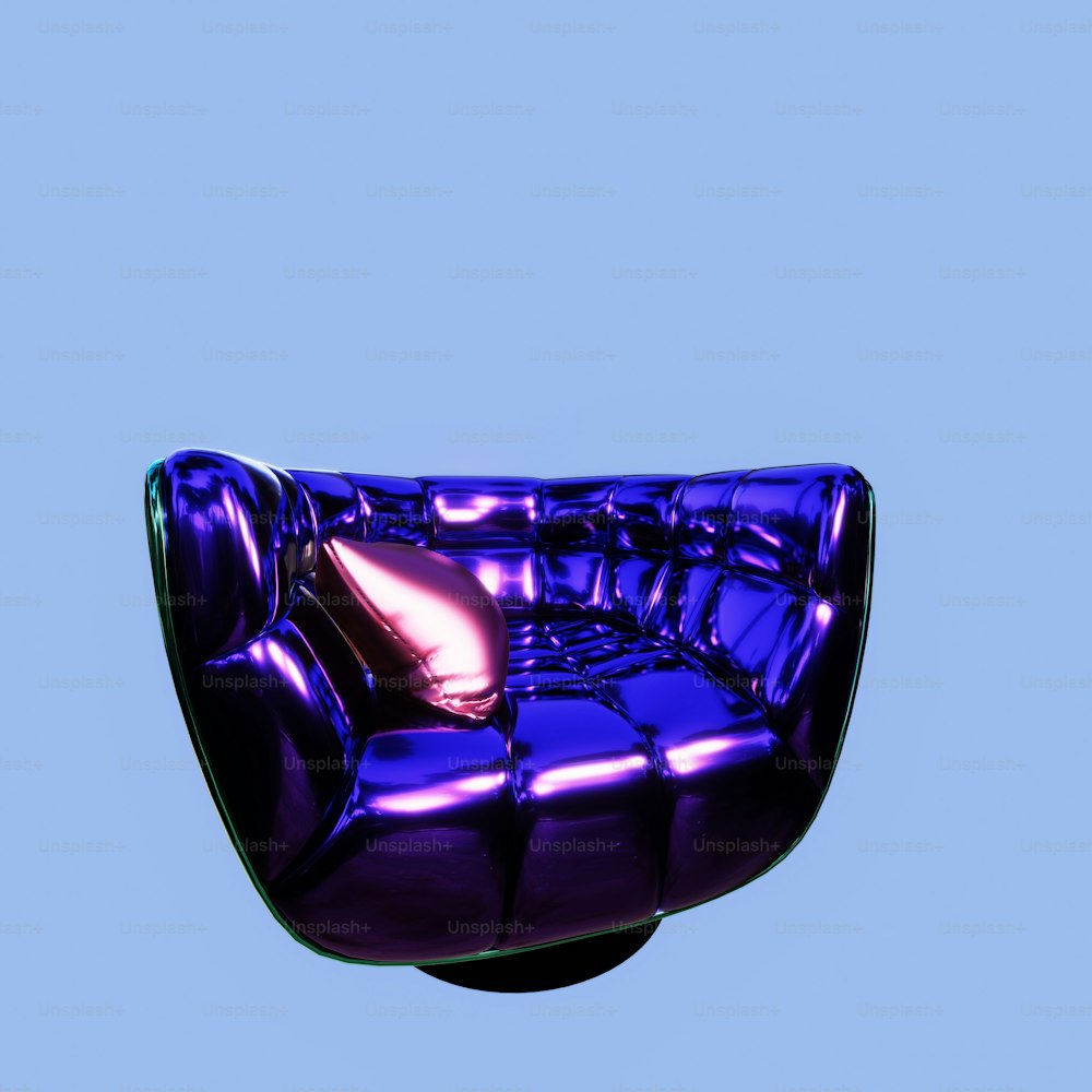 a shiny purple chair sitting on top of a blue floor