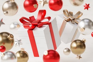 un coffret cadeau blanc avec un ruban rouge et un nœud rouge entouré d’ornements de Noël