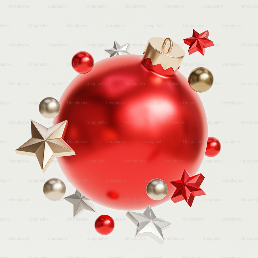 a red christmas ornament surrounded by silver stars