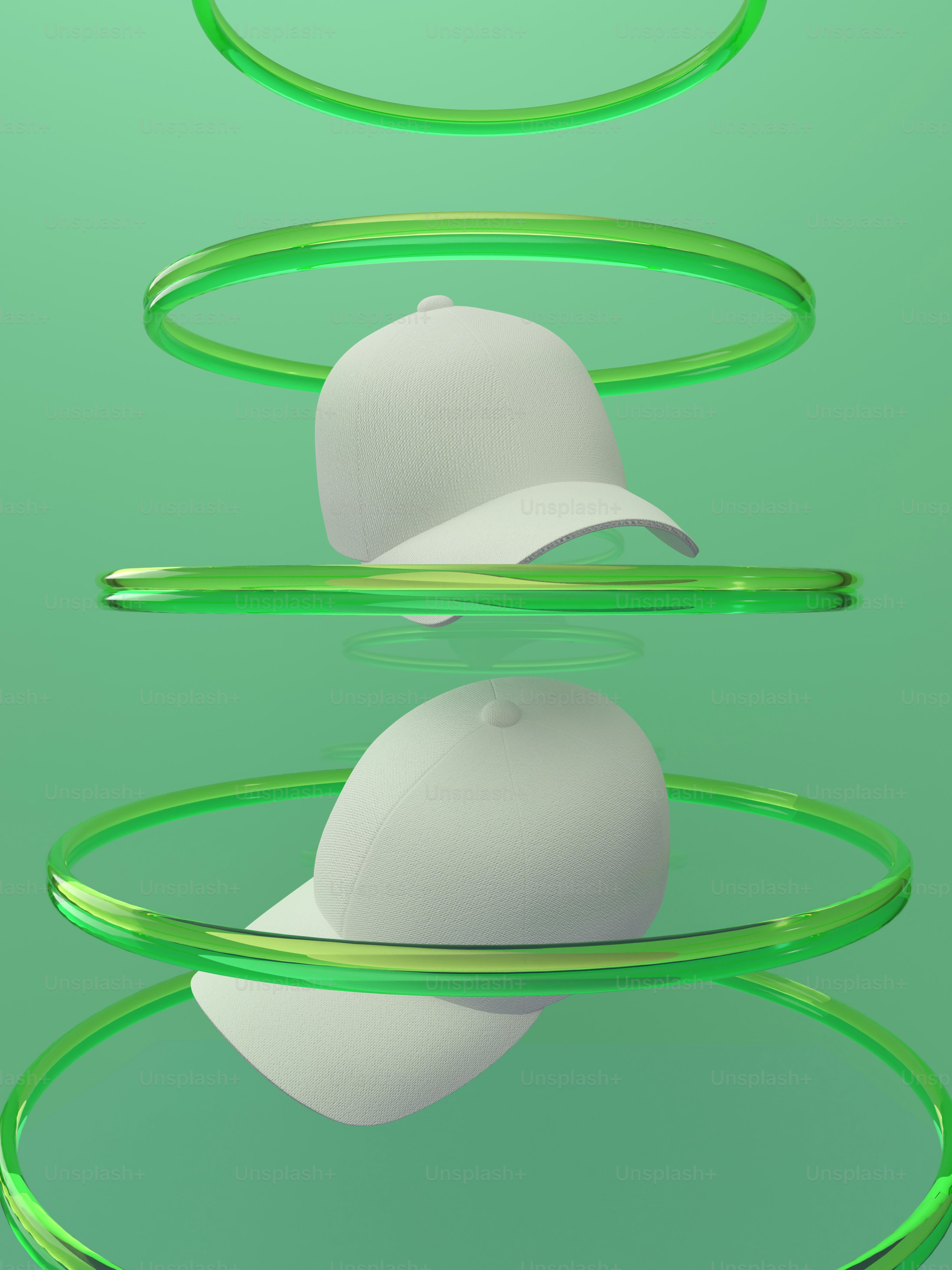a white baseball cap sitting on top of a green object