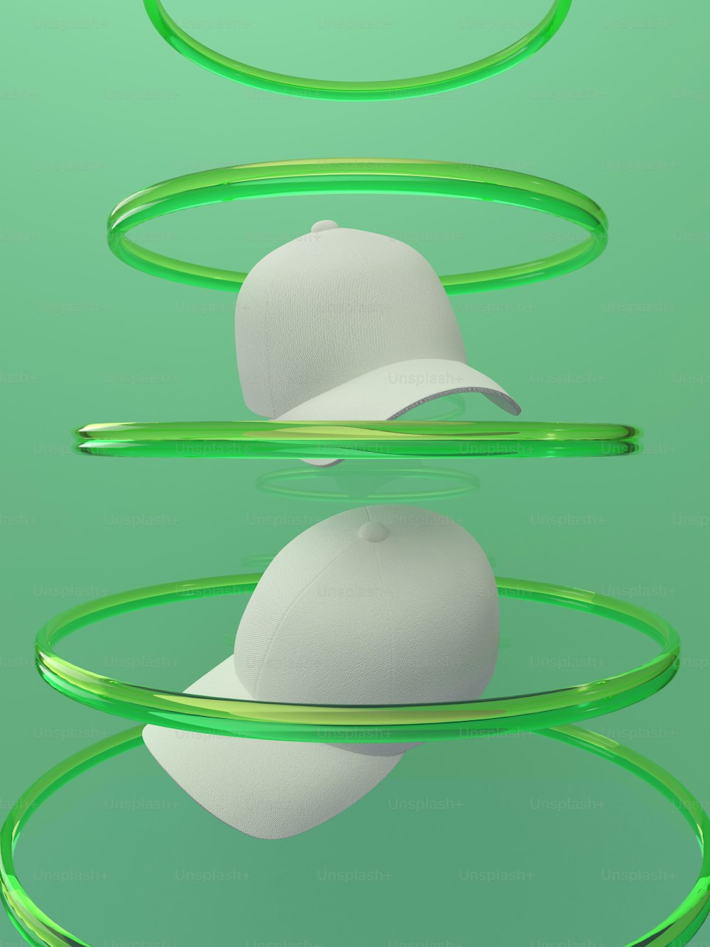 a white baseball cap sitting on top of a green object