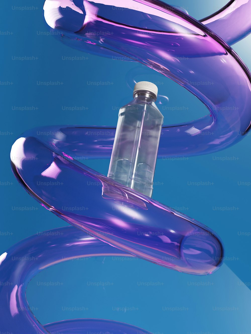 una bottiglia d'acqua che galleggia nell'aria