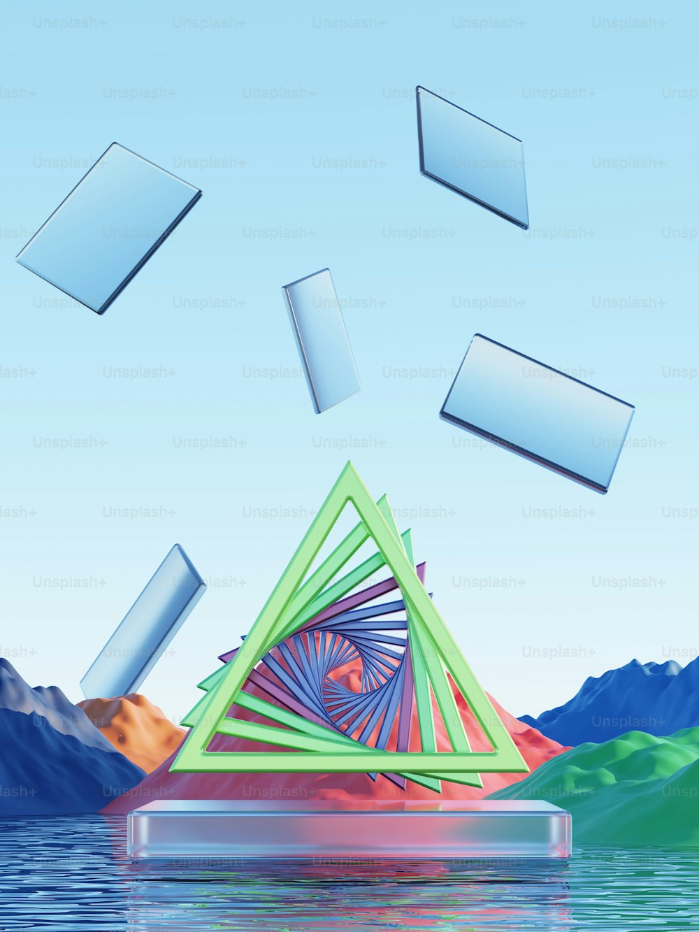 Un'immagine generata al computer di una piramide che galleggia nell'acqua