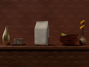 uma pintura de uma mesa com um vaso, tigela, xícara de café e um