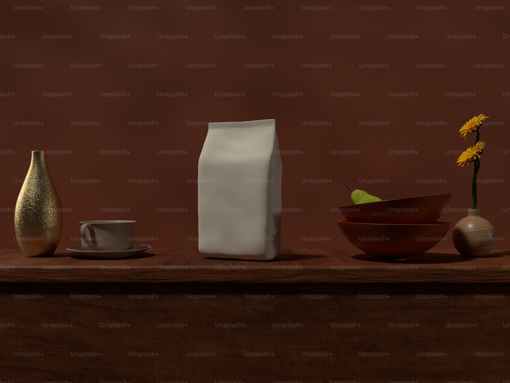 un dipinto di un tavolo con un vaso, una ciotola, una tazza di caffè e un
