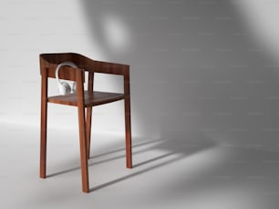uma cadeira de madeira com um vaso branco sobre ela