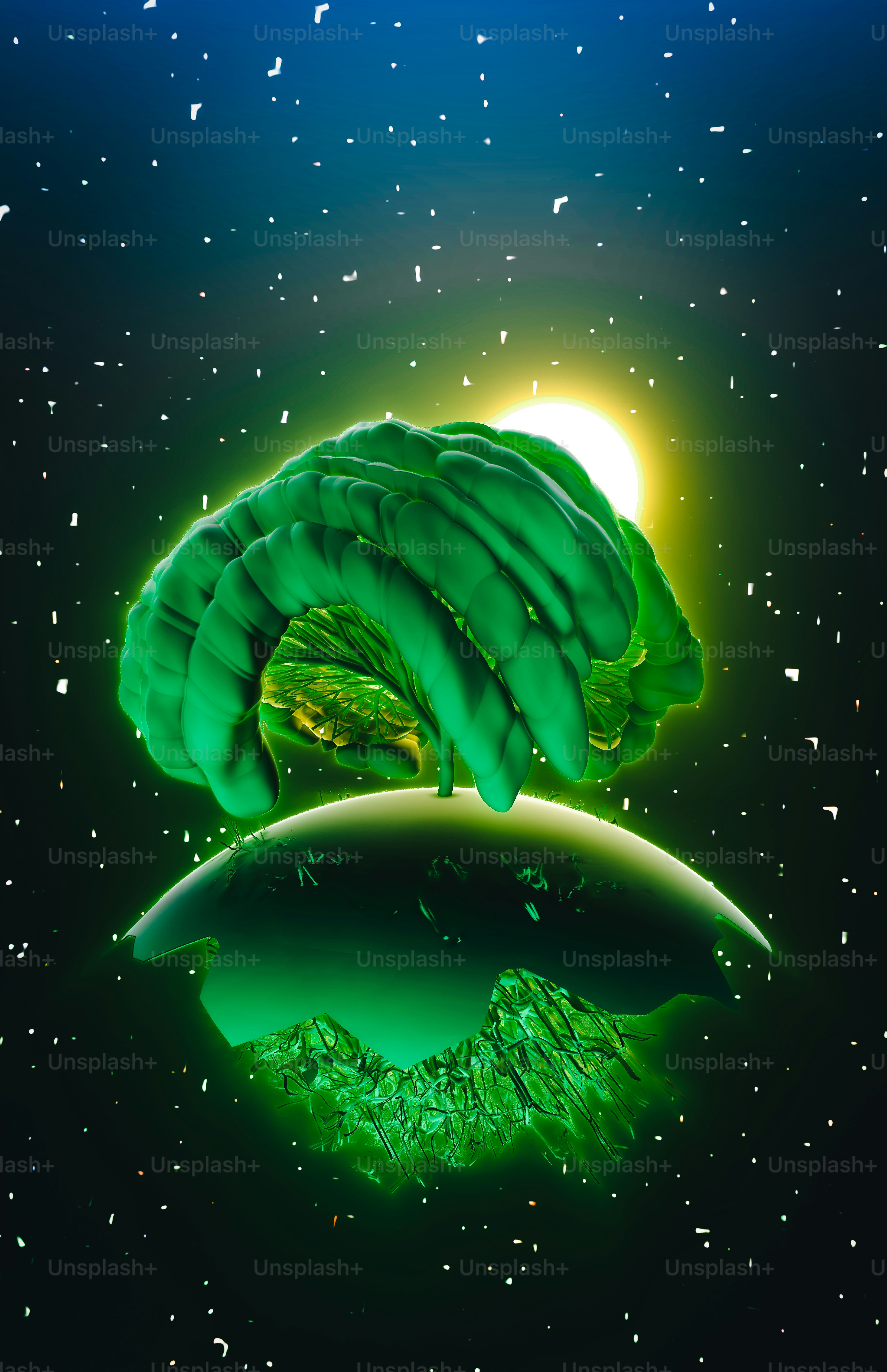 a picture of a green object floating in the air