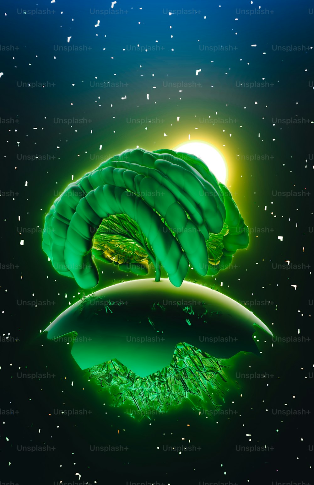 Un'immagine di un oggetto verde che fluttua nell'aria