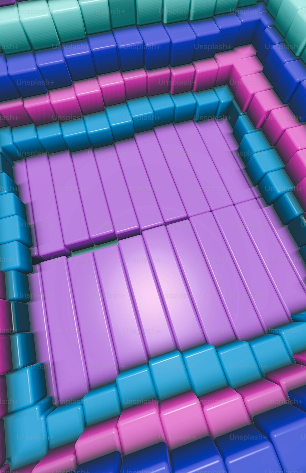 紫、青、ピンクの正方形の3D画像