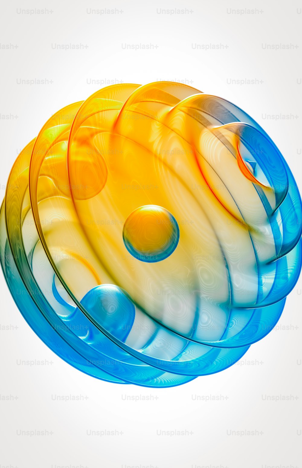a blue, yellow, and orange object with a white background
