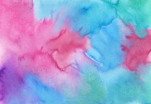 a watercolor painting of different colors of blue, pink, and green