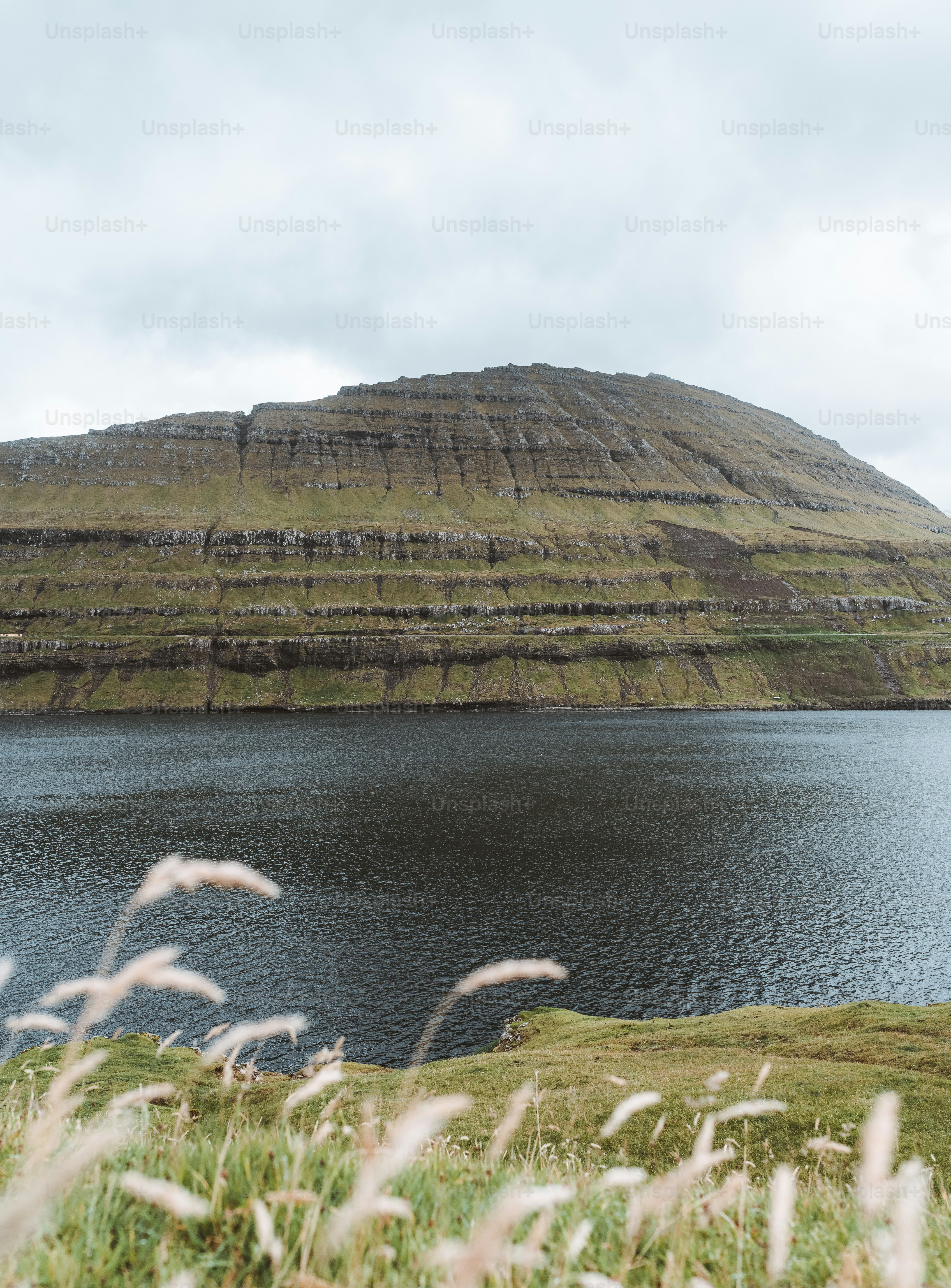 a large body of water surrounded by a lush green hillside