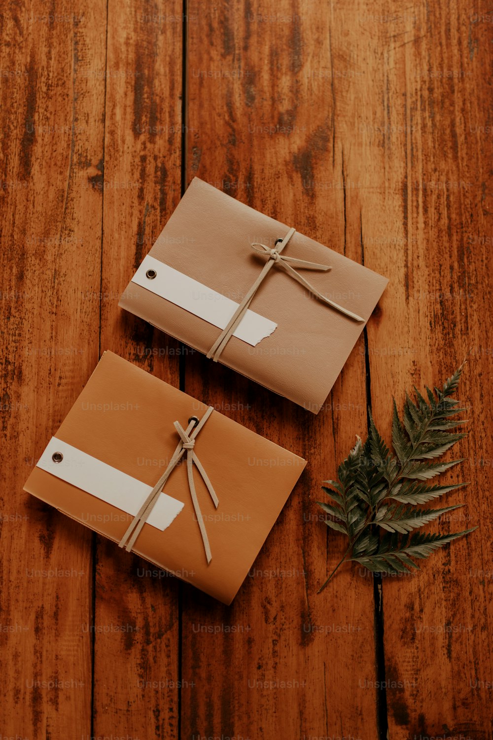two wrapped presents on a wooden table with a plant