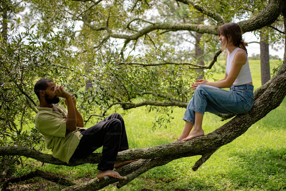 a man and a woman sitting on a tree branch
