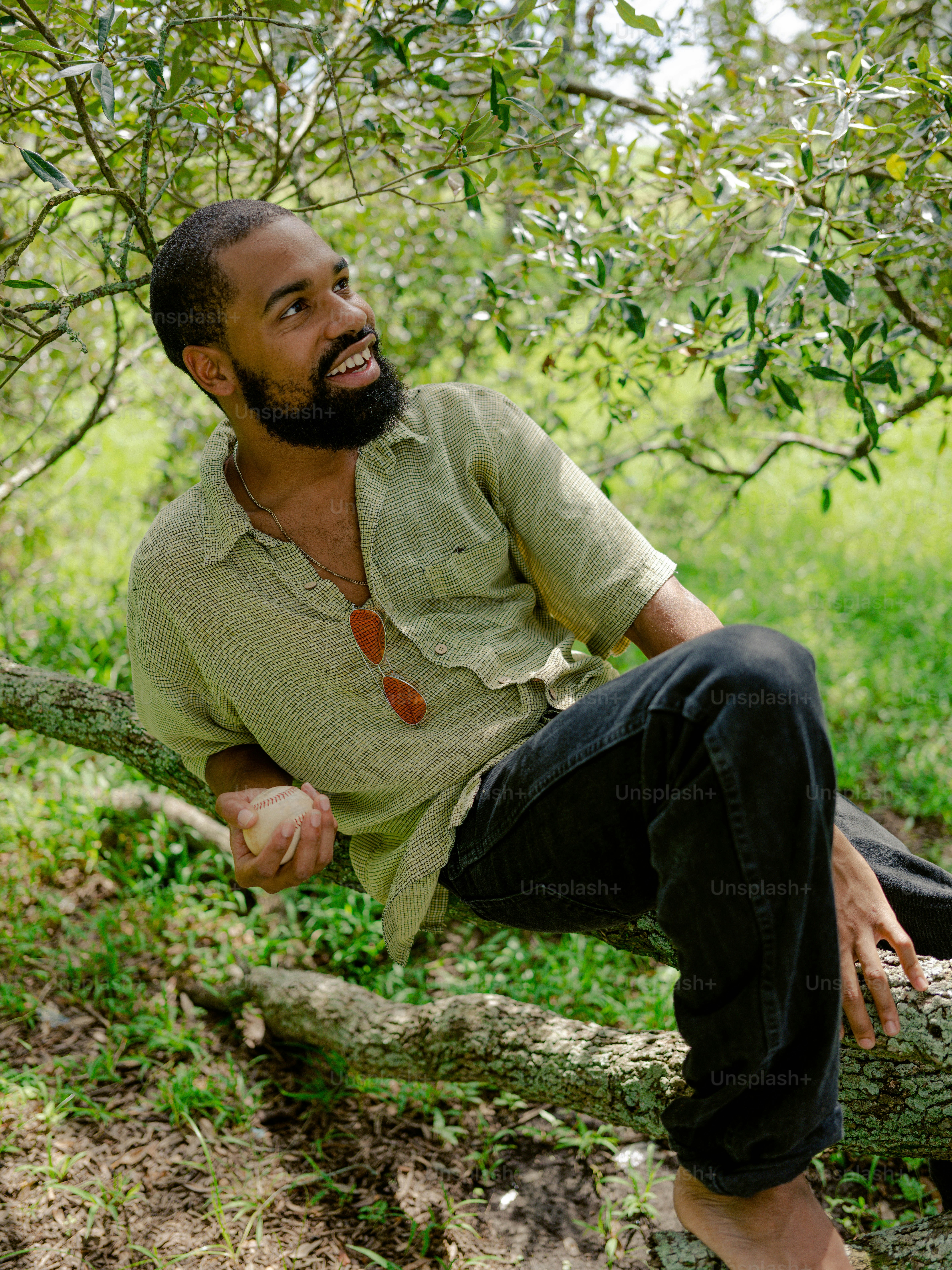 A man sitting on a tree branch in the woods photo – Relaxing Image on ...