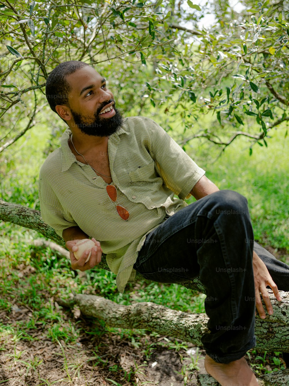 Un uomo seduto su un ramo di un albero nel bosco