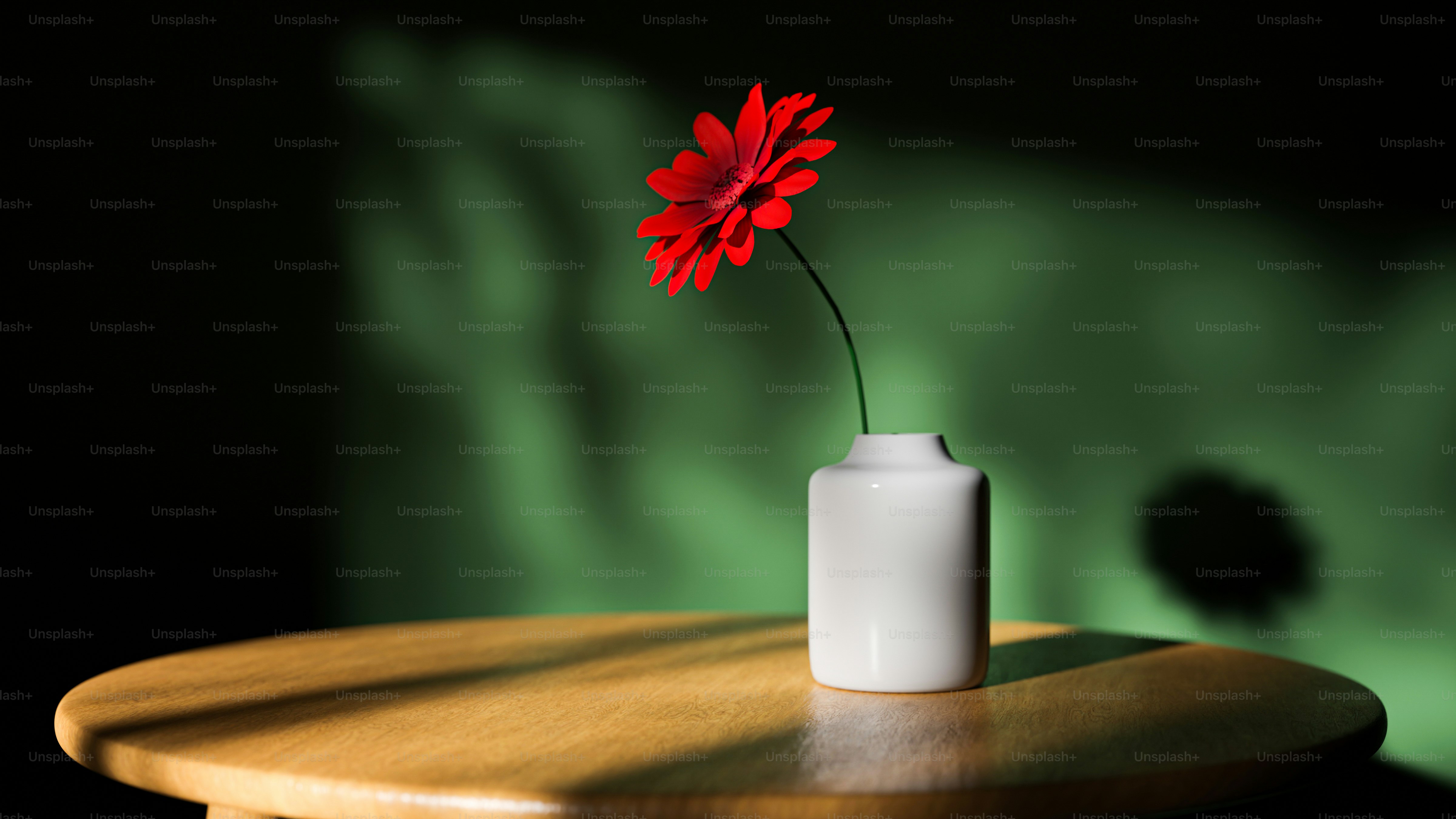 um pequeno vaso branco com uma flor vermelha