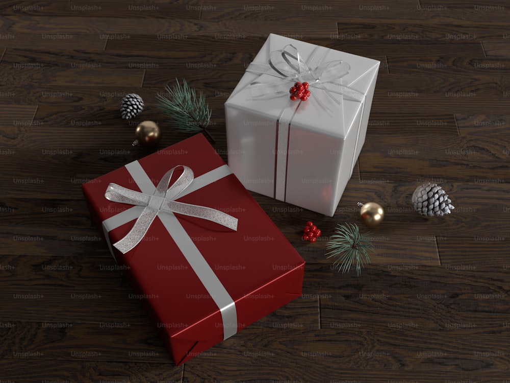 a red gift box with a white ribbon and a white bow