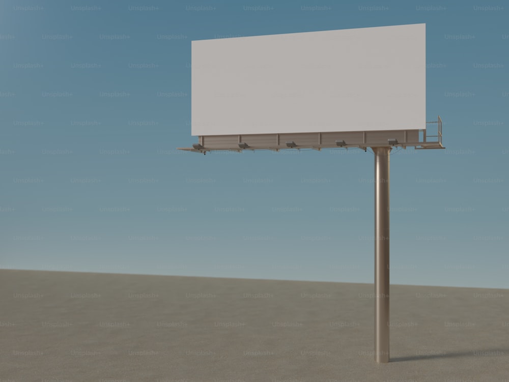 un cartellone pubblicitario bianco seduto in cima a un palo di metallo