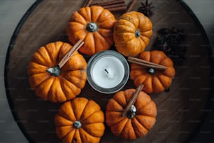 a candle surrounded by small pumpkins and cinnamon sticks