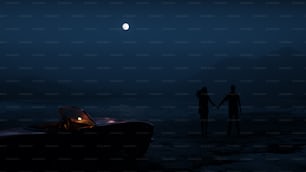 Ein Paar, das Händchen hält, während es neben einem Boot steht