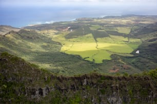 a scenic view of a green valley and the ocean