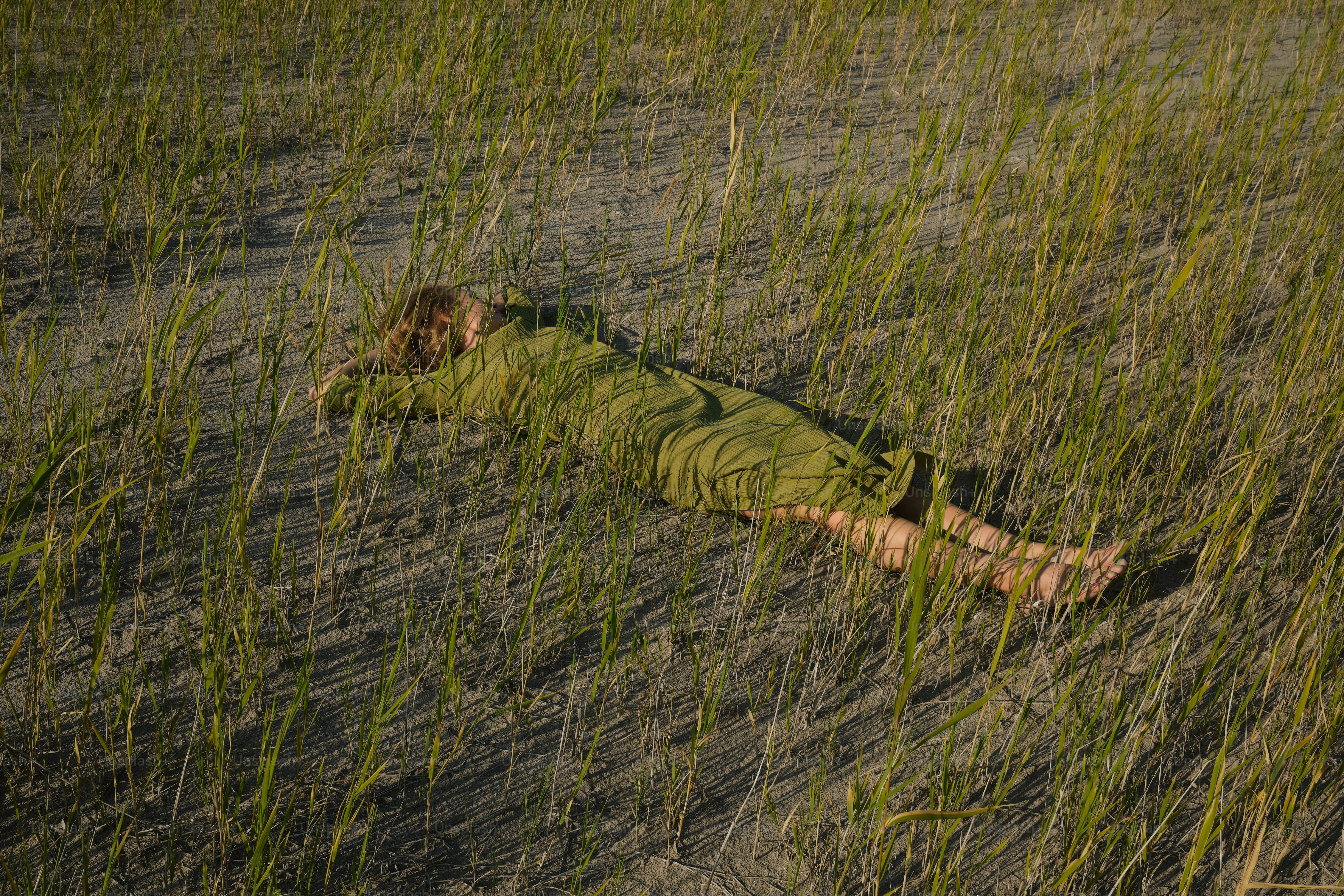 a person laying in a field of tall grass